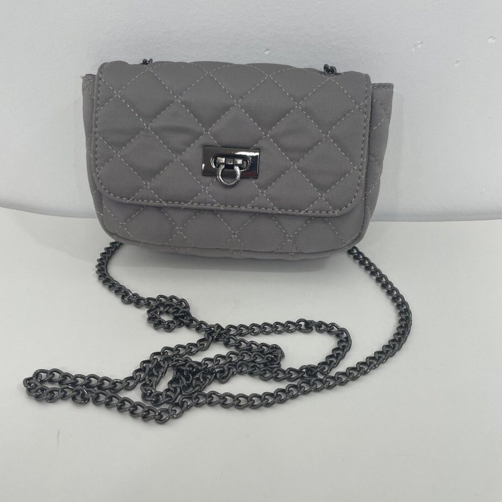 Women’s Small Grey Crossbody Bag Quilted Metal Chain Fold over Closure clasp